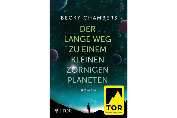 Buchcover. Im Hintergrund ist ein Sternenhimmel mit einigen Planeten, davor ist der Schatten einer Person.