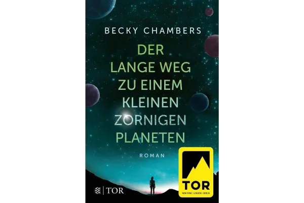 Buchcover. Im Hintergrund ist ein Sternenhimmel mit einigen Planeten, davor ist der Schatten einer Person.